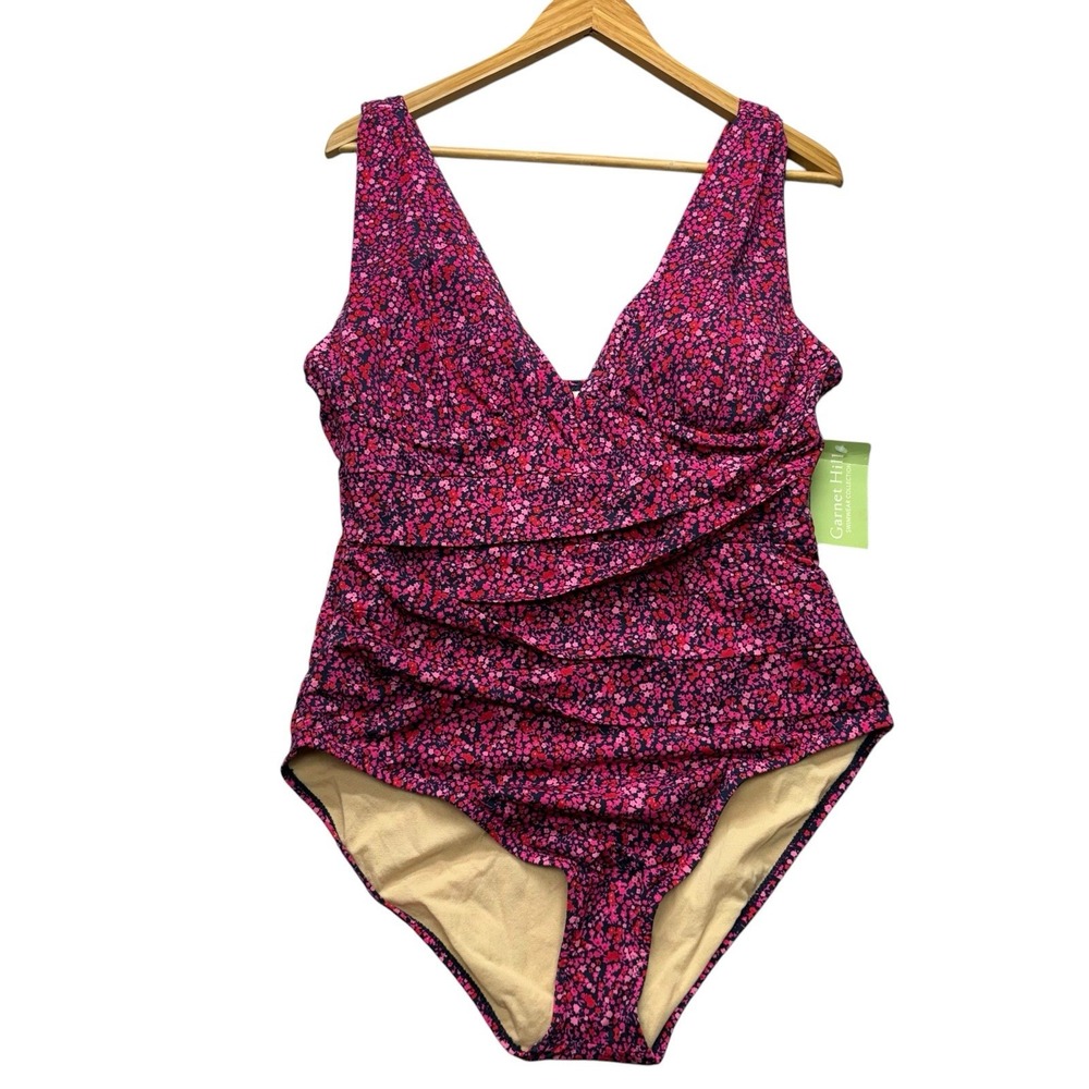 Garnet Hill Womens Swimsuit 16 Red Pink Floral One Piece Swim Cinched Modest